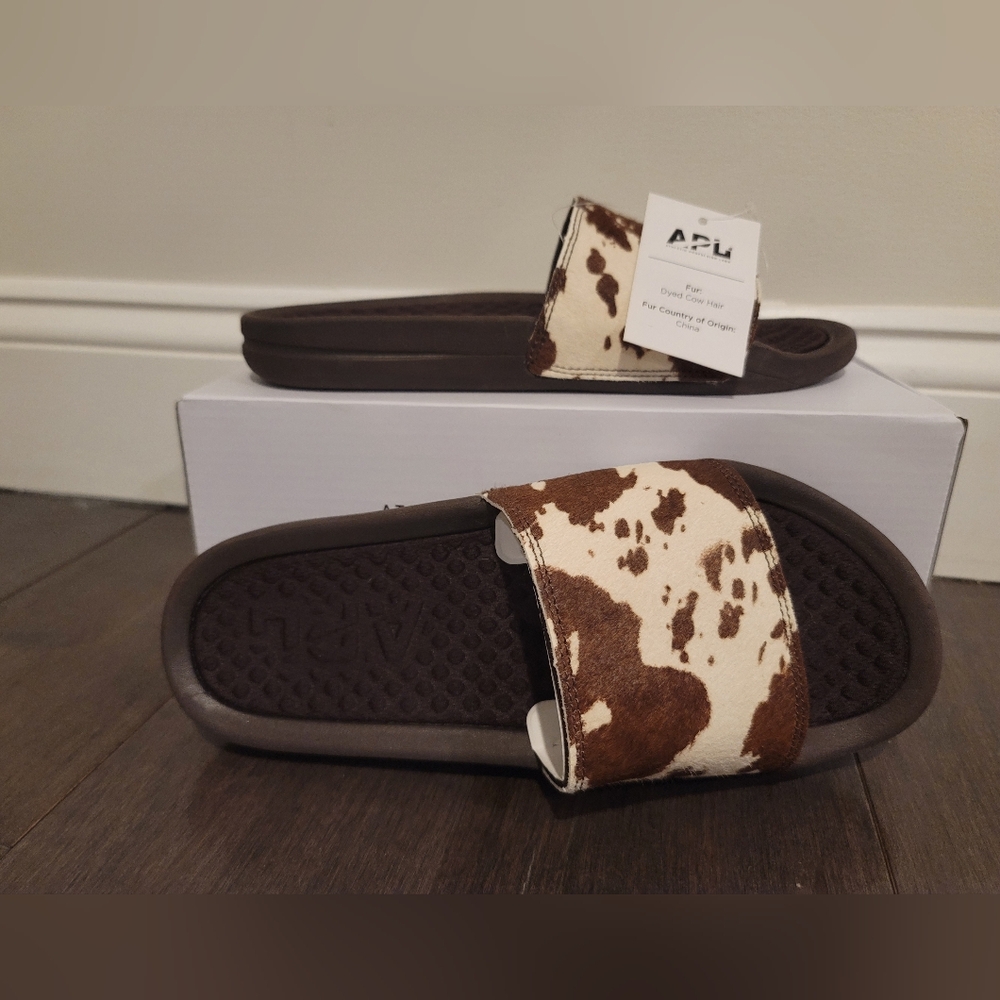 APL NWT NIB Limited Edition $195 Brown DYED COW HAIR LEATHER FUR SLIDES WOMENS 8